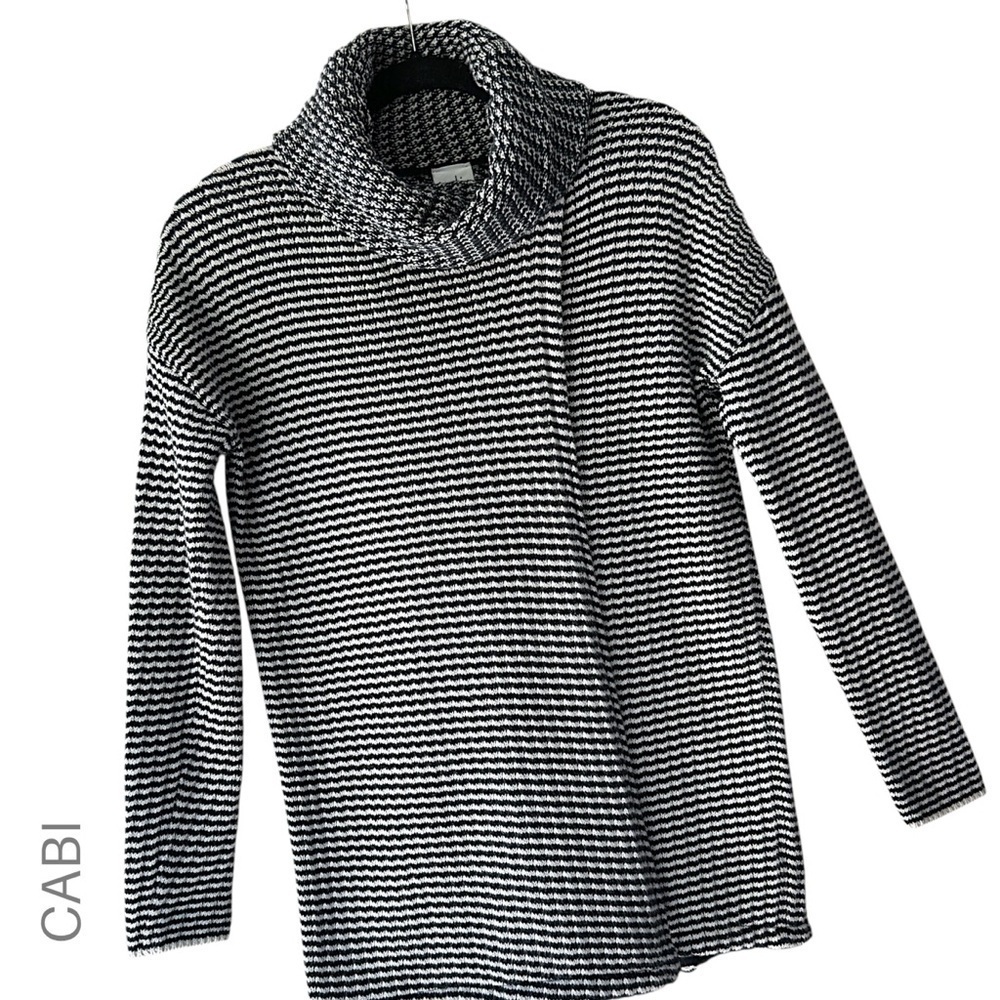 CABI | NWOT FERGIE SPLIT FRONT & BACK COWL NECK COTTON SWEATER BLACK & WHITE SM